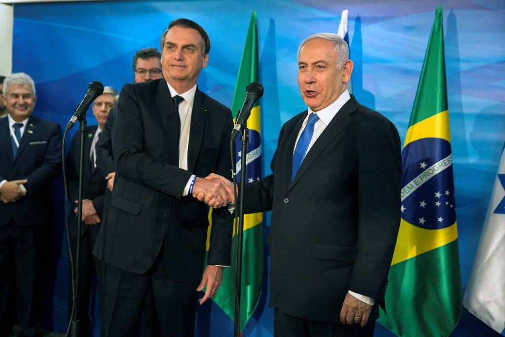 Prime Minister Benjamin Netanyahu and Brazilian President Jair Bolsonaro meet at Netanyahu's office in Jerusalem, March 31, 2019. Heidi Levine/Pool via REUTERS