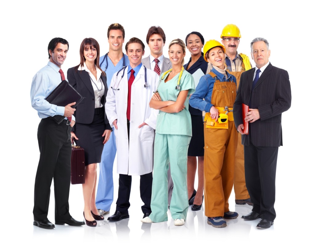 Group of industrial workers. Business team. Isolated over white background.