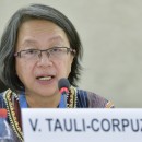 Victoria Tauli-Corpuz, Special Rapporteur on the rights of Indigenous Peoples during the panel the topics Human Rights and climate change. 6 March  2015. UN Photo / Jean-Marc Ferr