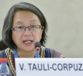 Victoria Tauli-Corpuz, Special Rapporteur on the rights of Indigenous Peoples during the panel the topics Human Rights and climate change. 6 March  2015. UN Photo / Jean-Marc Ferr