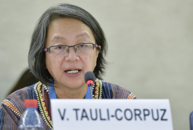 Victoria Tauli-Corpuz, Special Rapporteur on the rights of Indigenous Peoples during the panel the topics Human Rights and climate change. 6 March  2015. UN Photo / Jean-Marc Ferr