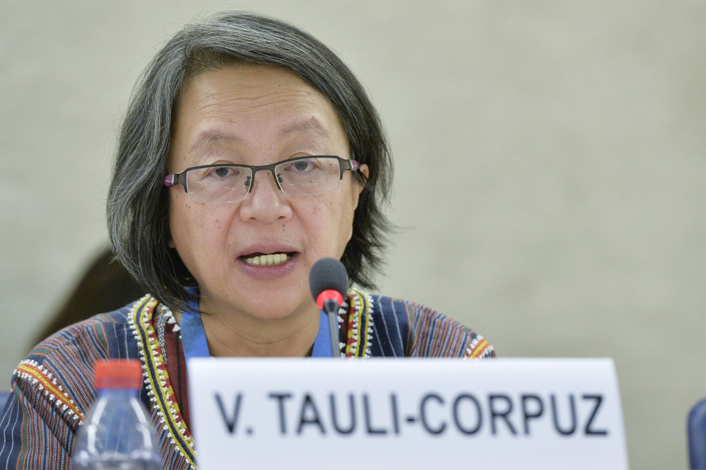 Victoria Tauli-Corpuz, Special Rapporteur on the rights of Indigenous Peoples during the panel the topics Human Rights and climate change. 6 March  2015. UN Photo / Jean-Marc Ferr