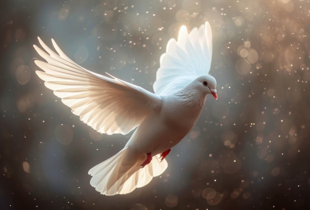 white dove with wings in the air.